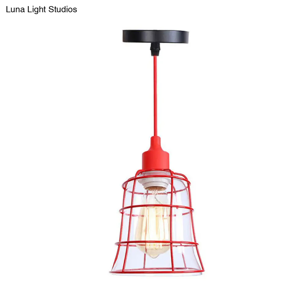 Iron Hanging Lamp Kit - Red Industrial Tapered/Cage/Wide Flared Pendant Light For Living Room