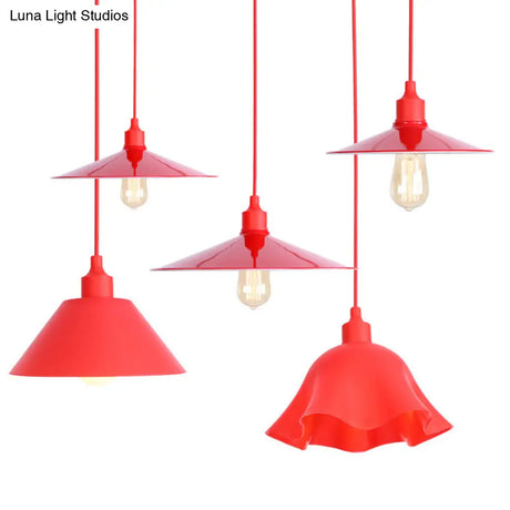 Industrial Red Iron Hanging Lamp Kit - Single Tapered/Cage/Flared Ceiling Pendant Light For Living
