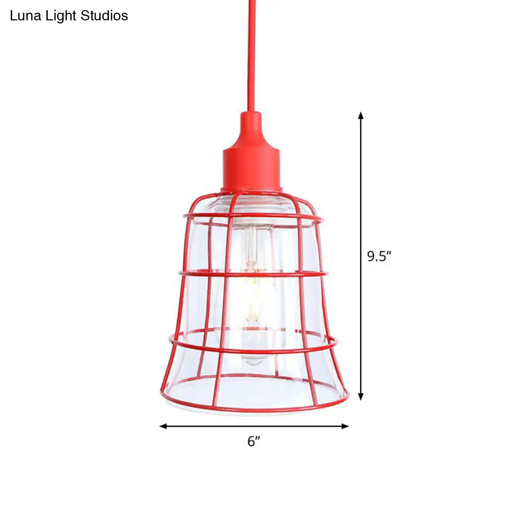 Iron Hanging Lamp Kit - Red Industrial Tapered/Cage/Wide Flared Pendant Light For Living Room