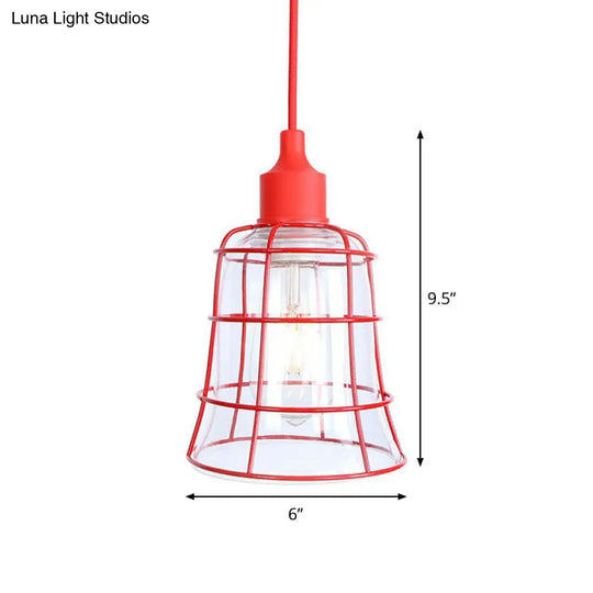 Iron Hanging Lamp Kit - Red Industrial Tapered/Cage/Wide Flared Pendant Light For Living Room