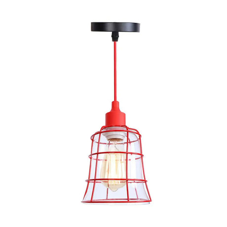 Industrial Red Iron Hanging Lamp Kit - Single Tapered/Cage/Flared Ceiling Pendant Light For Living
