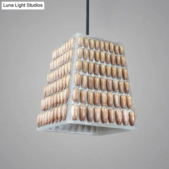 Industrial Resin Trapezoid Pendant Lamp - Brown 1-Head Hanging Light Kit With Conch Deco
