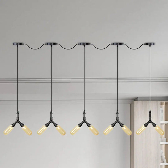 Industrial Restaurant Ceiling Light With Multi Bulbs: Tandem Pendant Lamp In Black Colored Glass