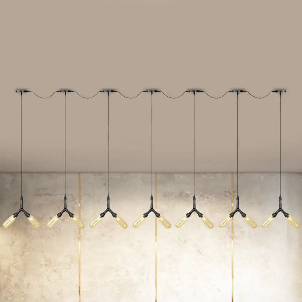 Industrial Restaurant Ceiling Light With Multi Bulbs: Tandem Pendant Lamp In Black Colored Glass