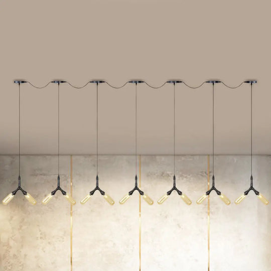 Industrial Restaurant Ceiling Light With Multi Bulbs: Tandem Pendant Lamp In Black Colored Glass