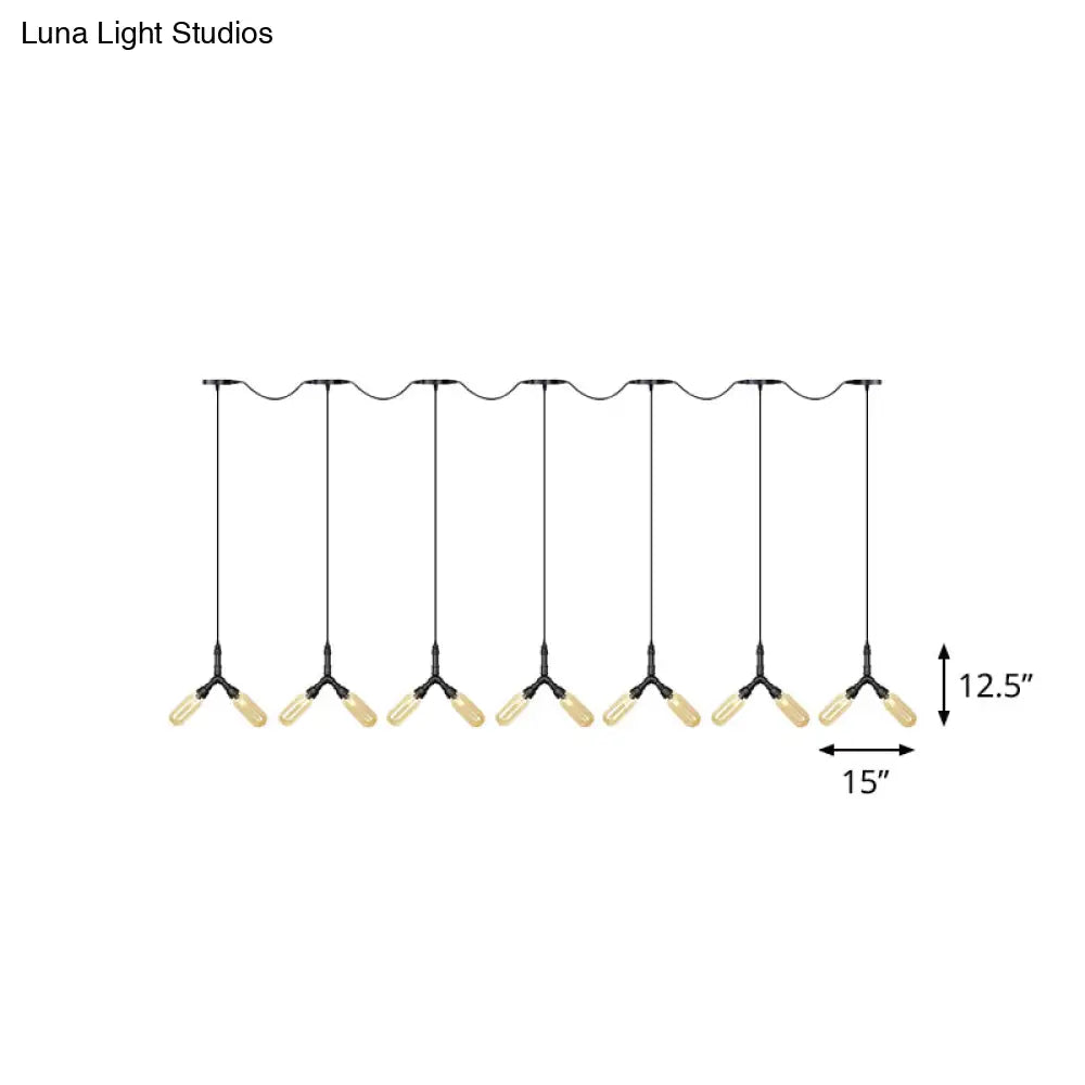 Industrial Restaurant Ceiling Light With Multi Bulbs: Tandem Pendant Lamp In Black Colored Glass