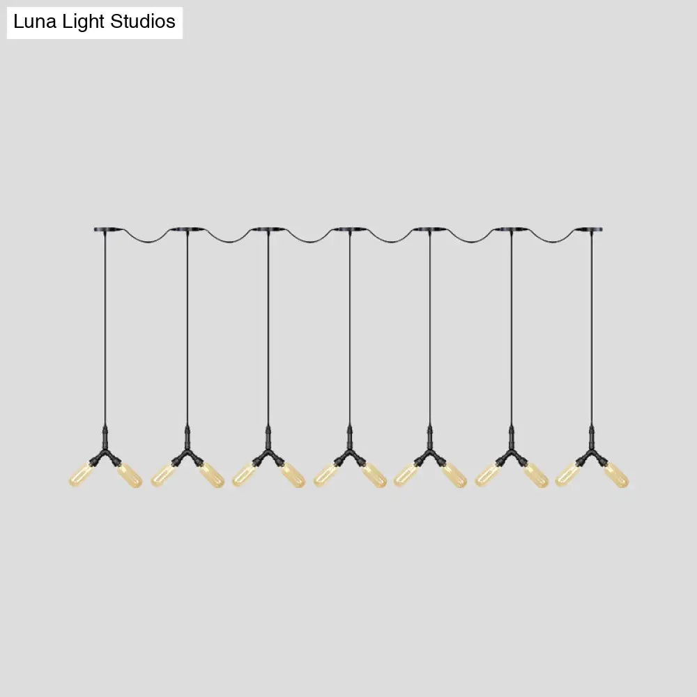 Industrial Restaurant Ceiling Light With Multi Bulbs: Tandem Pendant Lamp In Black Colored Glass