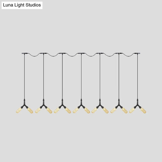 Industrial Restaurant Ceiling Light With Multi Bulbs: Tandem Pendant Lamp In Black Colored Glass