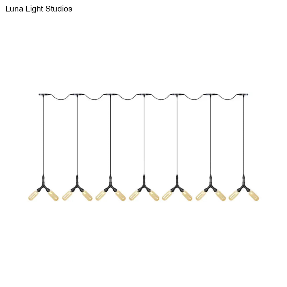 Industrial Restaurant Ceiling Light With Multi Bulbs: Tandem Pendant Lamp In Black Colored Glass