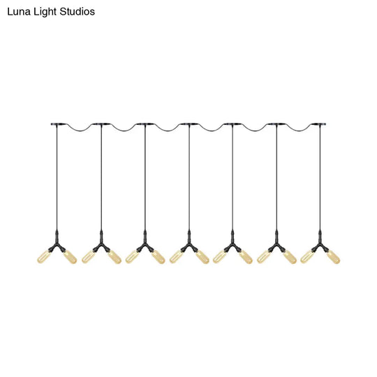 Industrial Restaurant Ceiling Light With Multi Bulbs: Tandem Pendant Lamp In Black Colored Glass