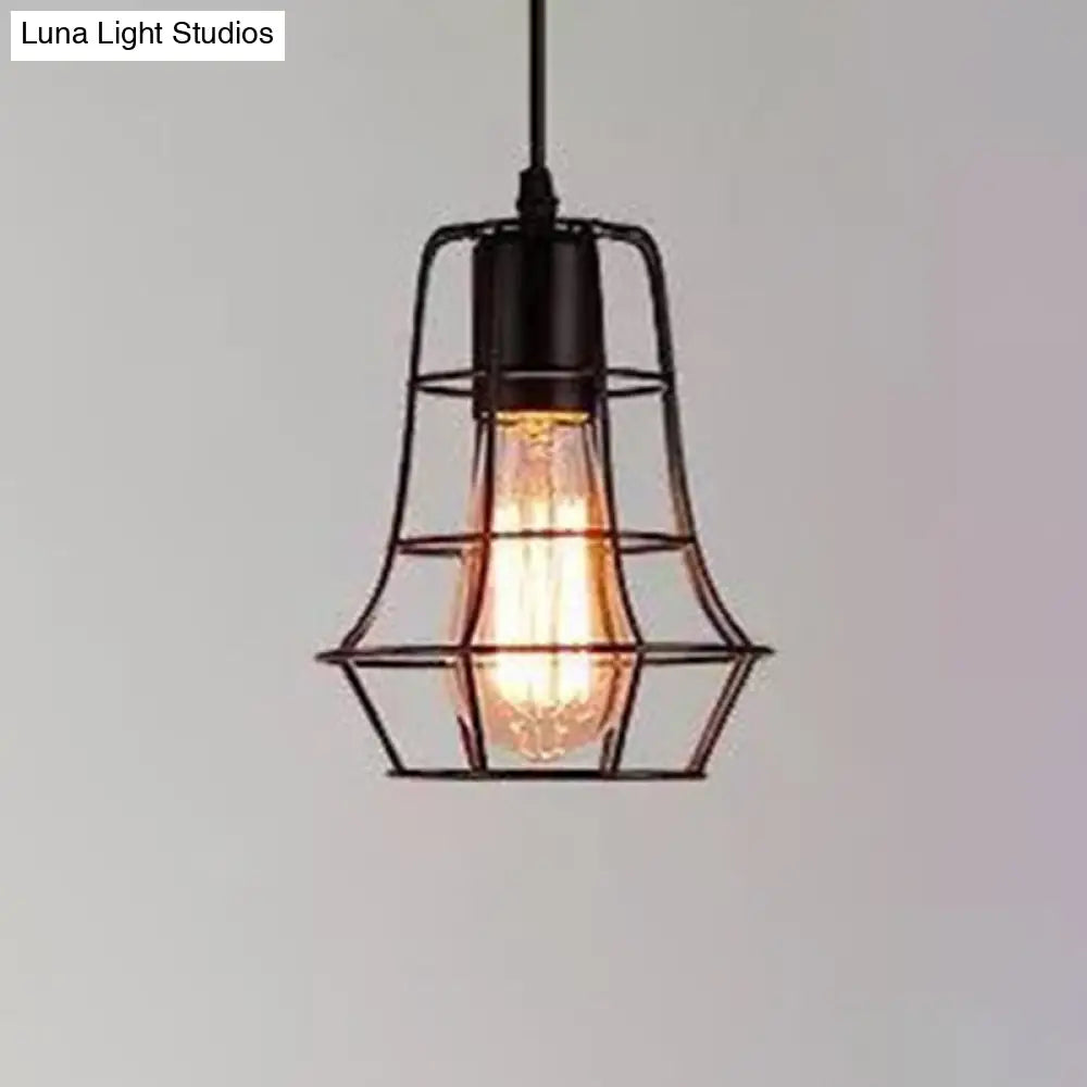 Industrial Retro Hanging Pendant Light Fixture With Caged Design For Bars - Single Metallic Black /