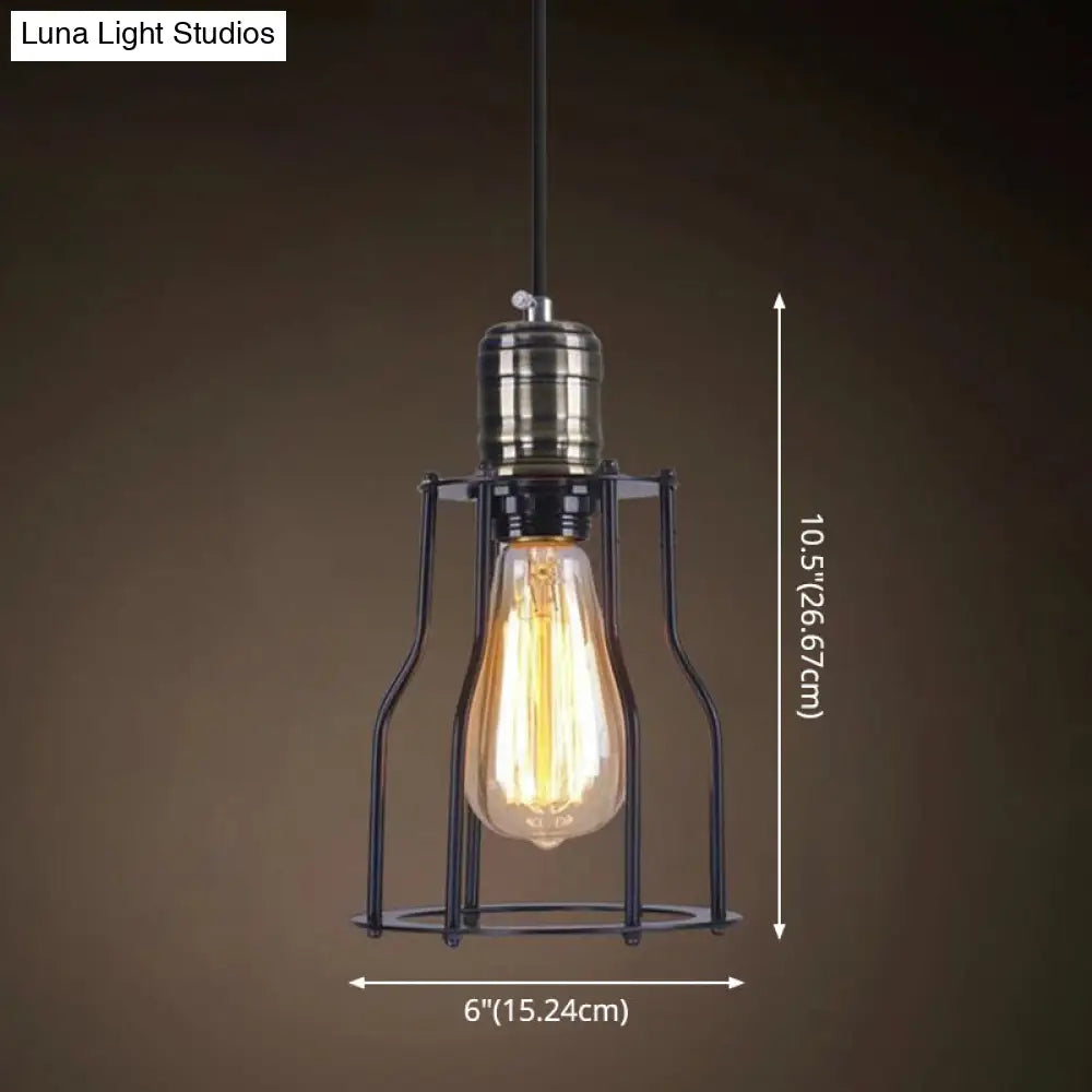 Industrial Retro Hanging Pendant Light Fixture With Caged Design For Bars - Single Metallic