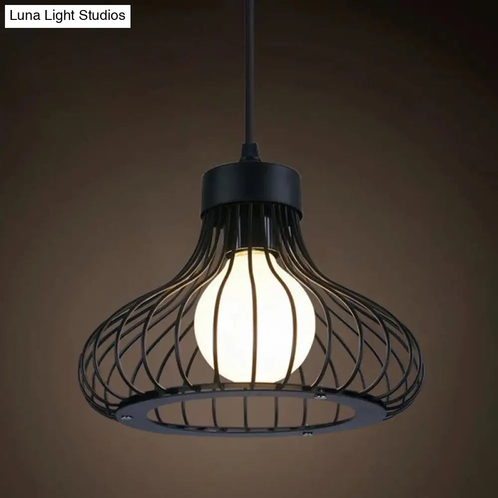 Industrial Retro Hanging Pendant Light Fixture With Caged Design For Bars - Single Metallic Black /