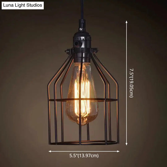 Industrial Retro Hanging Pendant Light Fixture With Caged Design For Bars - Single Metallic