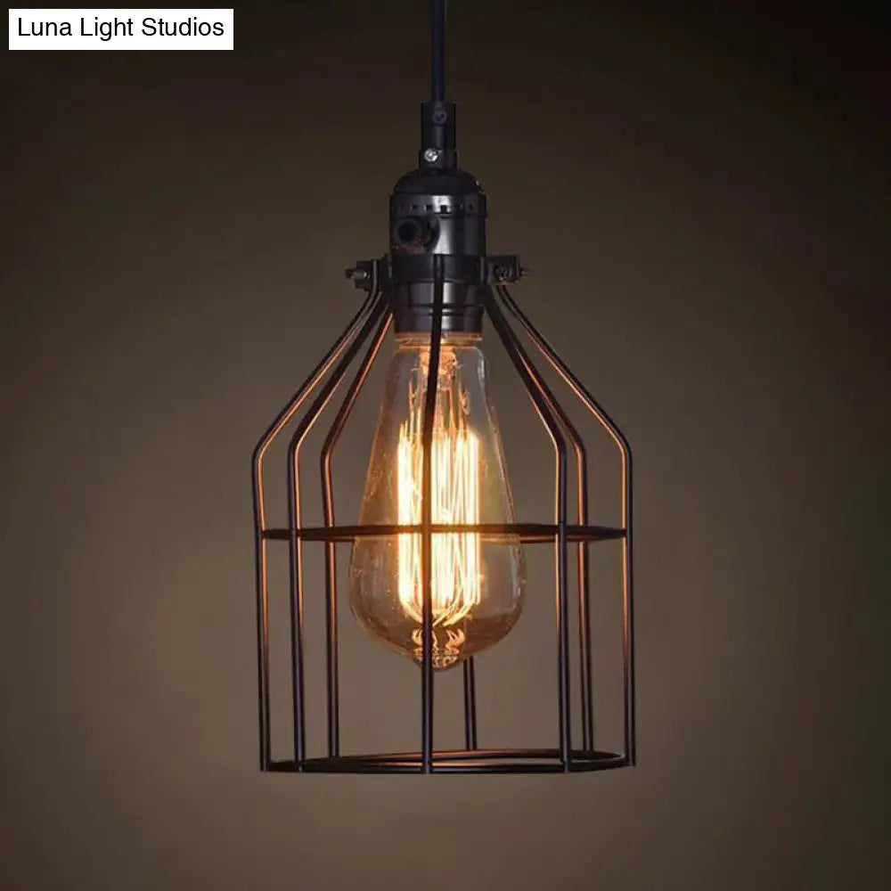 Industrial Retro Hanging Pendant Light Fixture With Caged Design For Bars - Single Metallic Black /