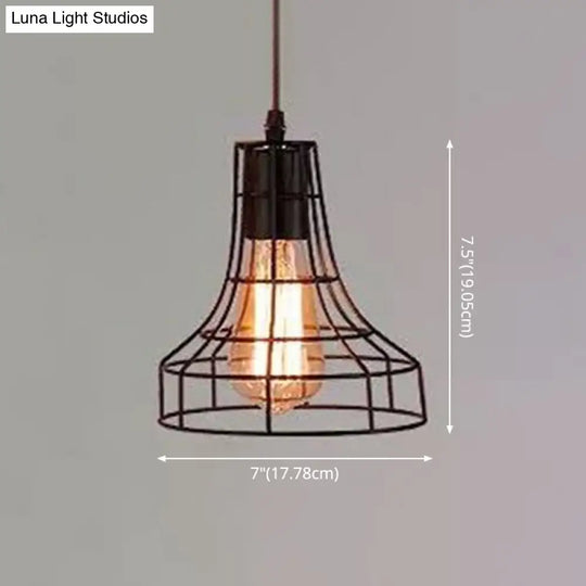 Industrial Retro Hanging Pendant Light Fixture With Caged Design For Bars - Single Metallic