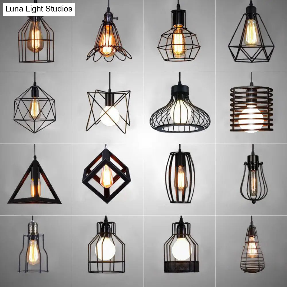 Industrial Retro Hanging Pendant Light Fixture With Caged Design For Bars - Single Metallic