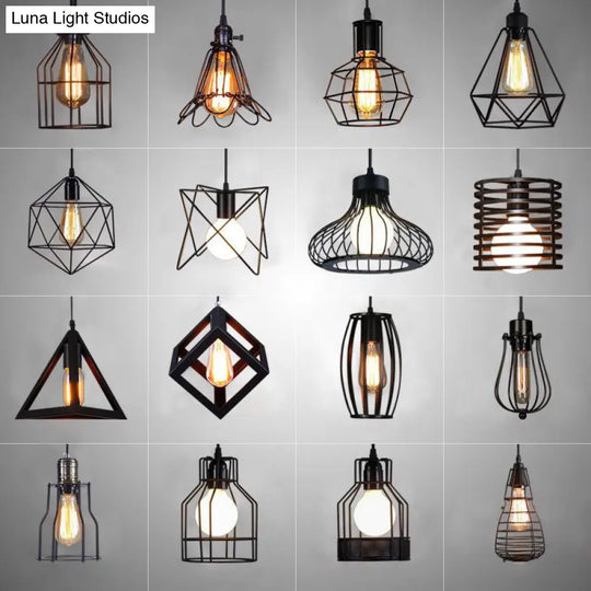 Industrial Retro Hanging Pendant Light Fixture With Caged Design For Bars - Single Metallic