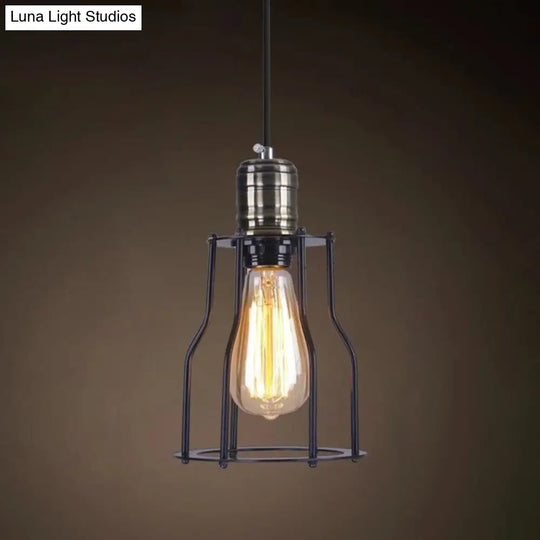 Industrial Retro Hanging Pendant Light Fixture With Caged Design For Bars - Single Metallic Black /