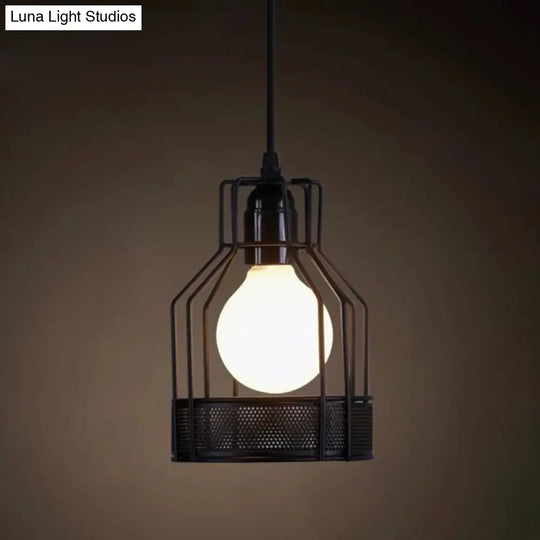 Industrial Retro Hanging Pendant Light Fixture With Caged Design For Bars - Single Metallic Black /