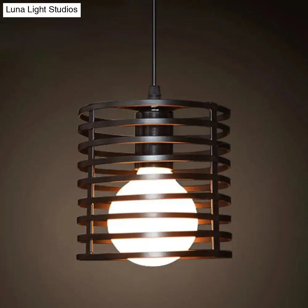 Industrial Retro Hanging Pendant Light Fixture With Caged Design For Bars - Single Metallic Black /