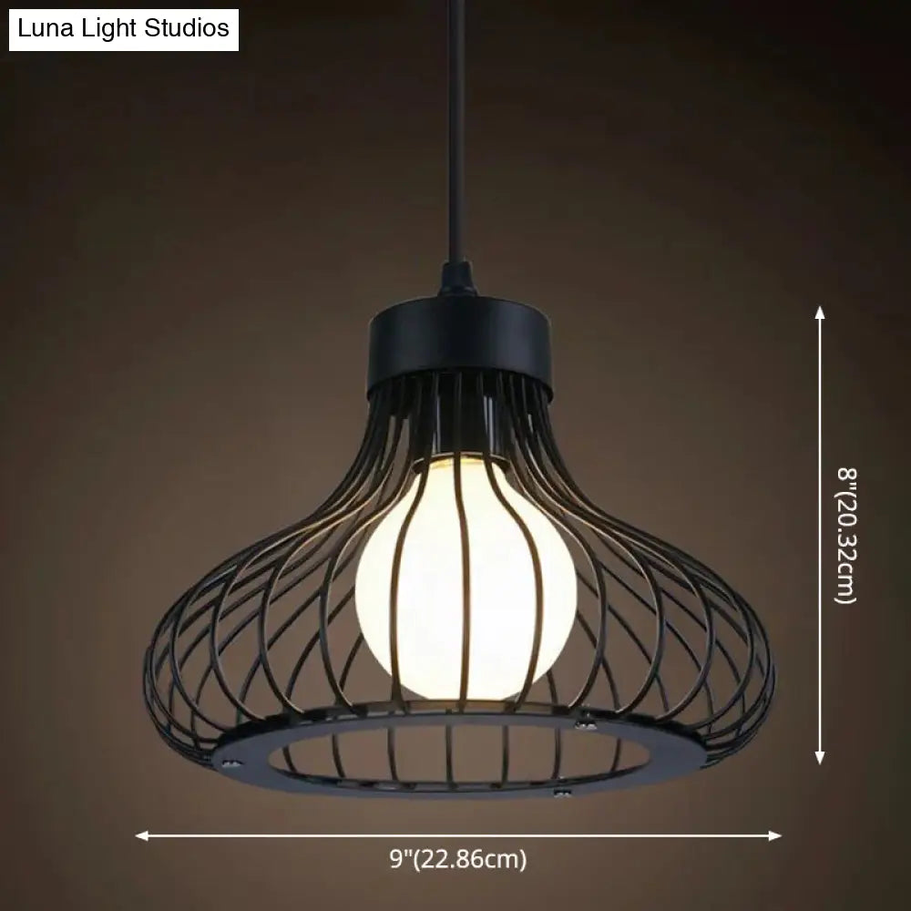 Industrial Retro Hanging Pendant Light Fixture With Caged Design For Bars - Single Metallic