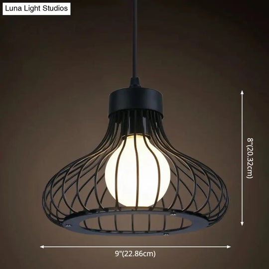 Industrial Retro Hanging Pendant Light Fixture With Caged Design For Bars - Single Metallic