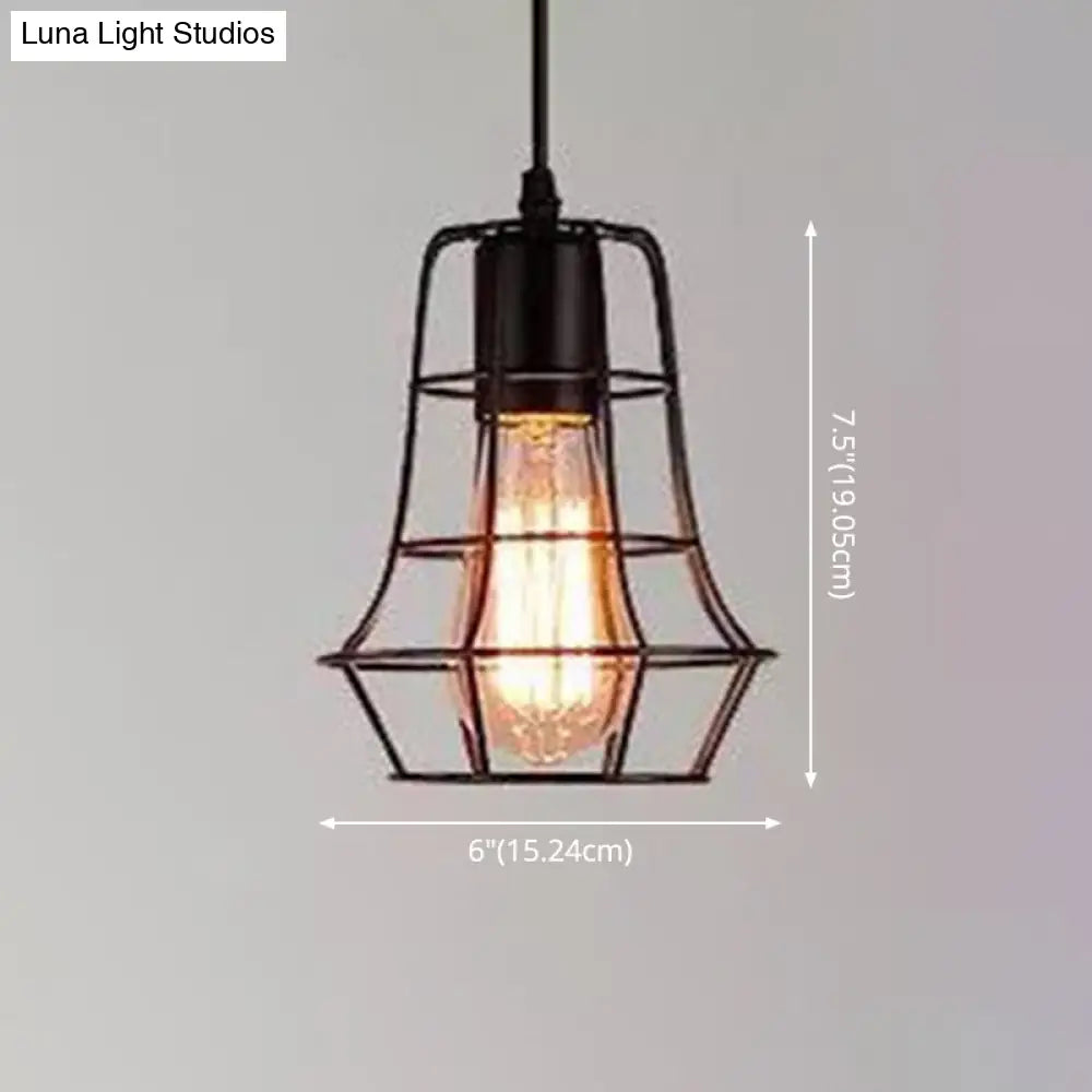Industrial Retro Hanging Pendant Light Fixture With Caged Design For Bars - Single Metallic