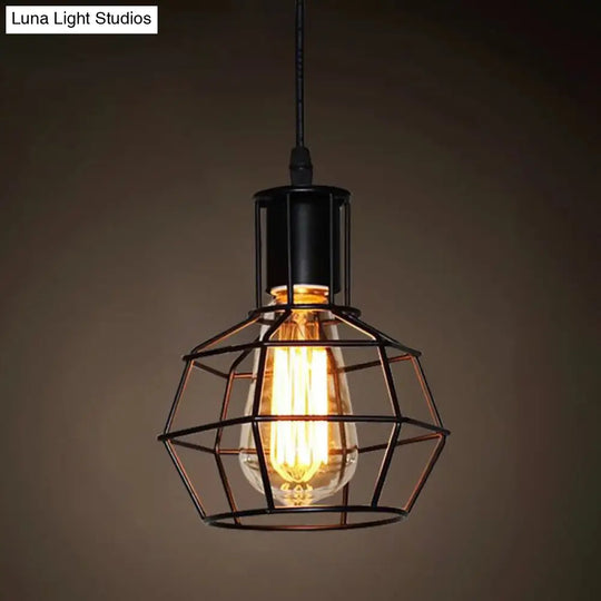 Industrial Retro Hanging Pendant Light Fixture With Caged Design For Bars - Single Metallic Black /