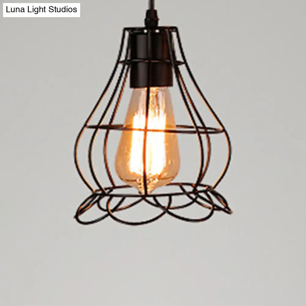 Industrial Retro 1-Light Pendant With Metal Cage For Bar - Hang In Style! Black / Flower