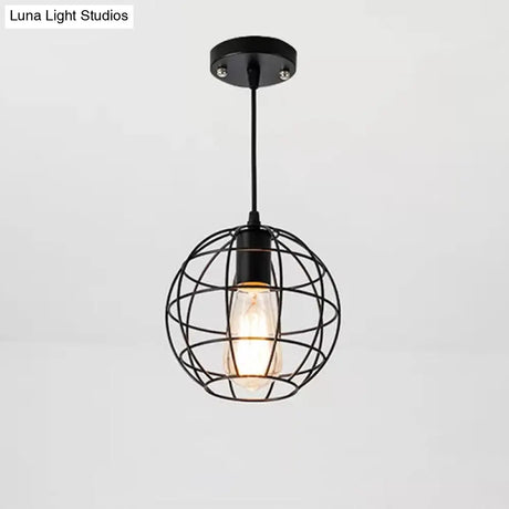 Industrial Retro Black Metal Pendant Light With Spherical Cage - Ideal For Restaurants