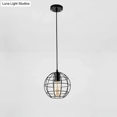 Industrial Retro Black Metal Pendant Light With Spherical Cage - Ideal For Restaurants