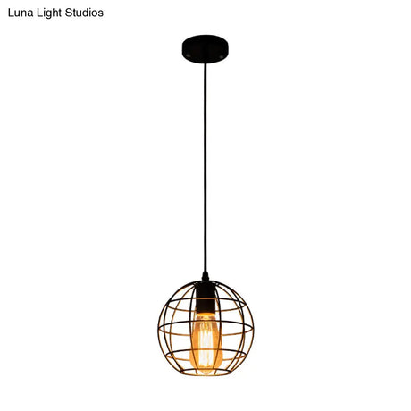Industrial Retro Black Metal Pendant Light With Spherical Cage - Ideal For Restaurants