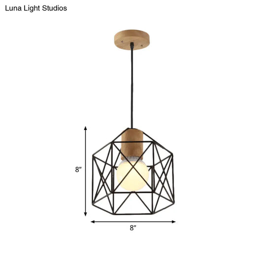 Retro Industrial Hexagon/Star Hanging Fixture - Metal & Wood Ceiling Lighting With Cage Shade
