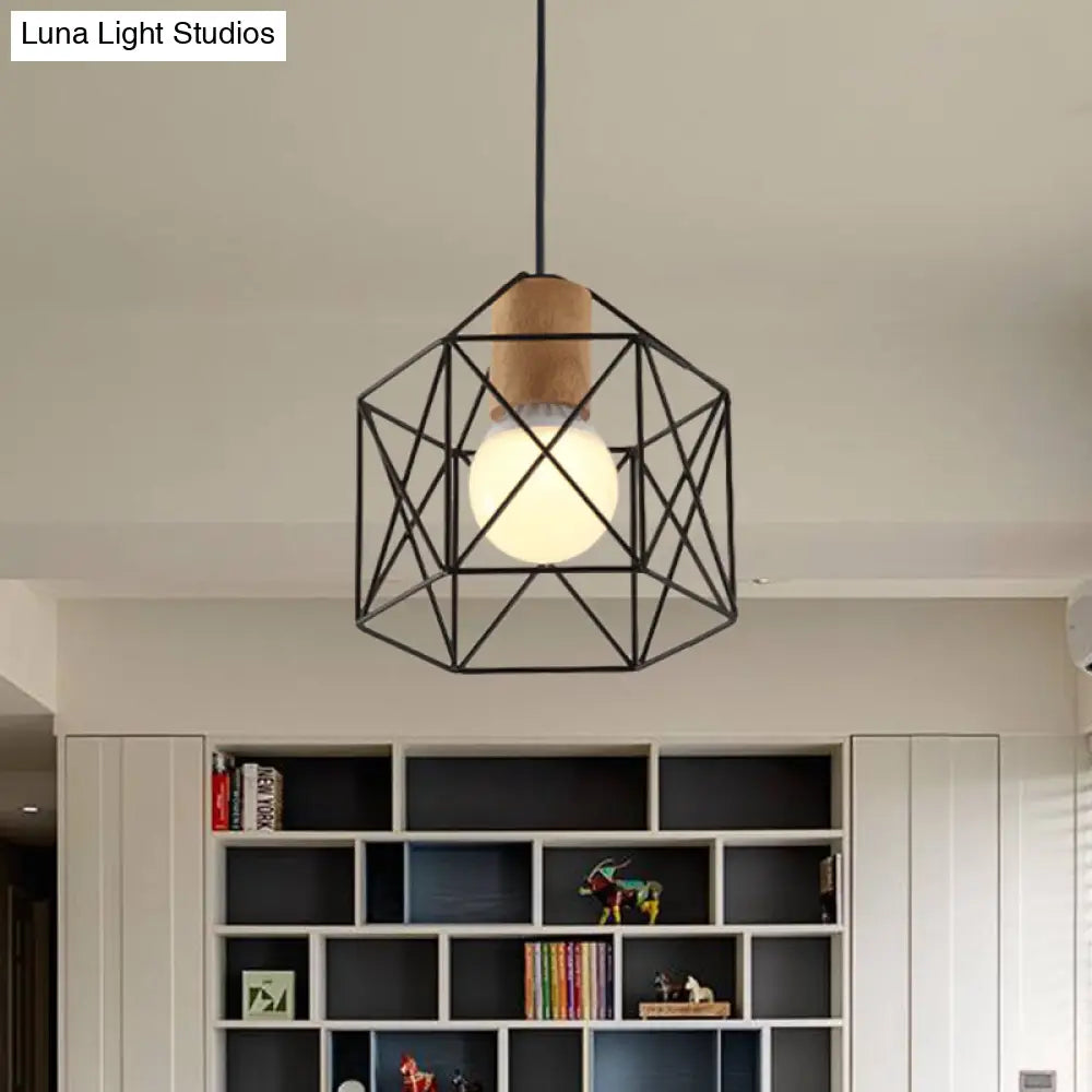 Industrial Retro Hanging Fixture - 1 Head Metal/Wood Ceiling Light With Cage Shade Black