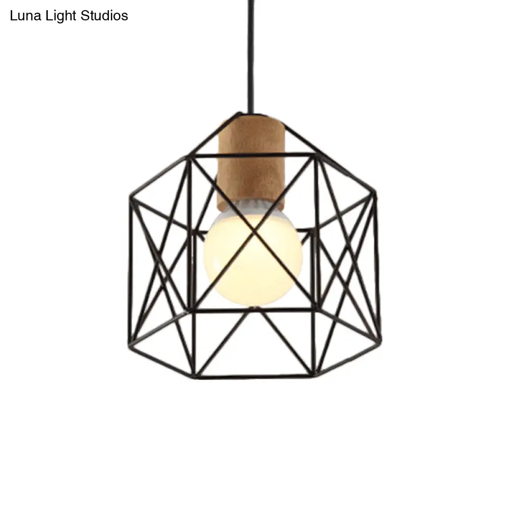 Retro Industrial Hexagon/Star Hanging Fixture - Metal & Wood Ceiling Lighting With Cage Shade