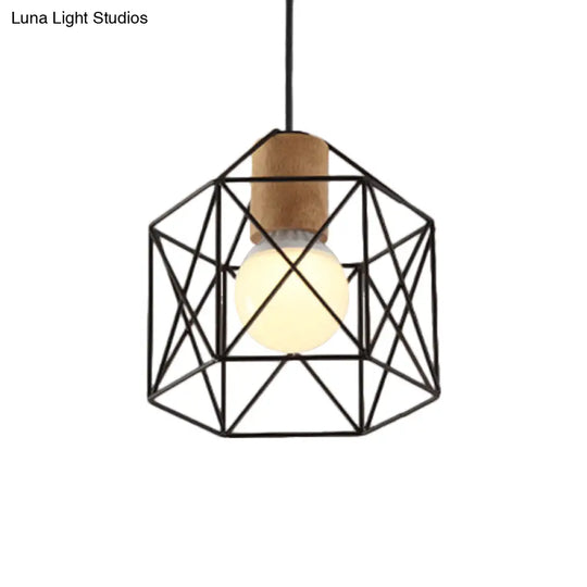 Retro Industrial Hexagon/Star Hanging Fixture - Metal & Wood Ceiling Lighting With Cage Shade
