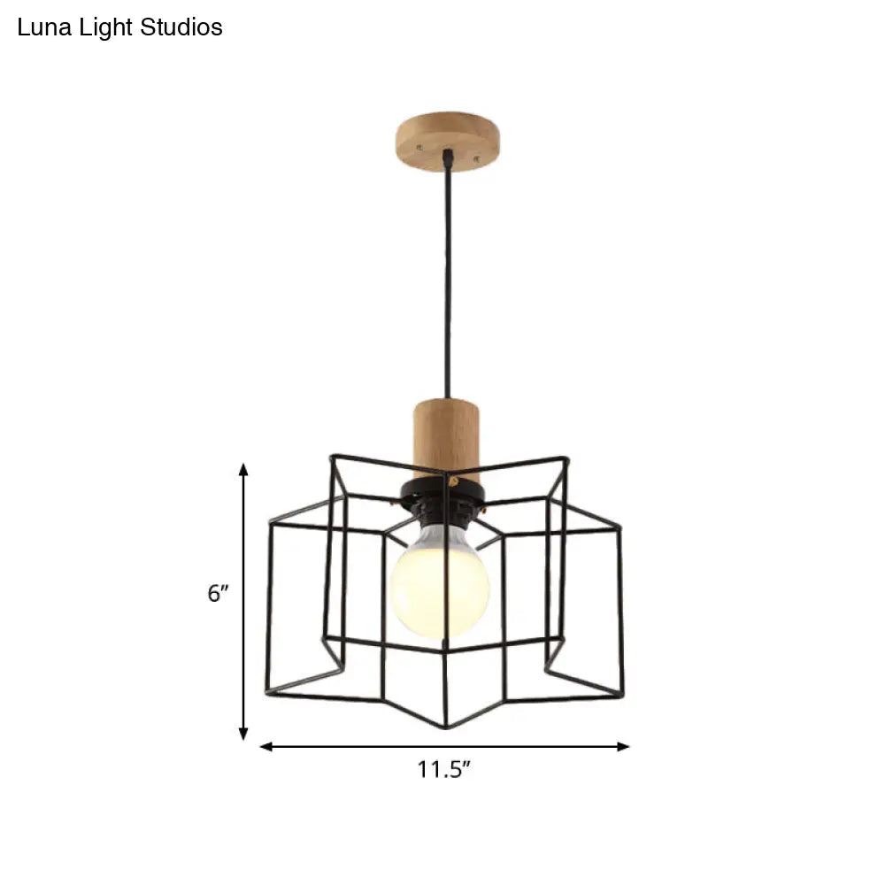 Retro Industrial Hexagon/Star Hanging Fixture - Metal & Wood Ceiling Lighting With Cage Shade