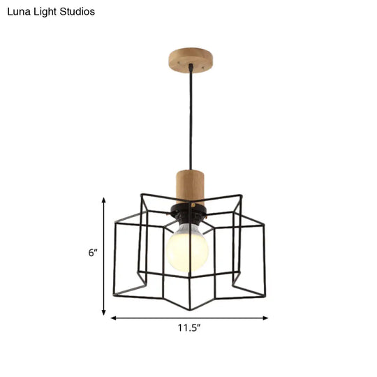 Retro Industrial Hexagon/Star Hanging Fixture - Metal & Wood Ceiling Lighting With Cage Shade