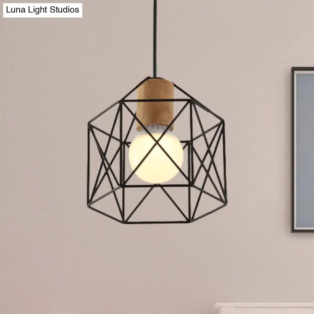 Industrial Retro Hanging Fixture - 1 Head Metal/Wood Ceiling Light With Cage Shade Black