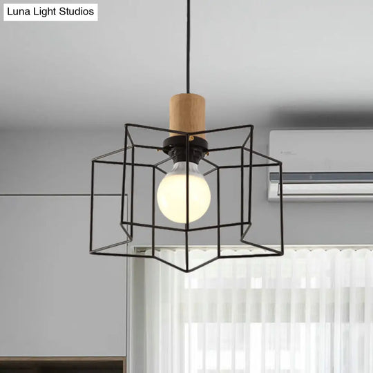 Retro Industrial Hexagon/Star Hanging Fixture - Metal & Wood Ceiling Lighting With Cage Shade