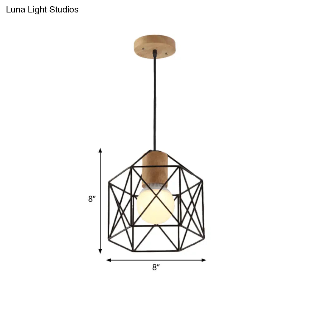 Industrial Retro Hanging Fixture - 1 Head Metal/Wood Ceiling Light With Cage Shade Black
