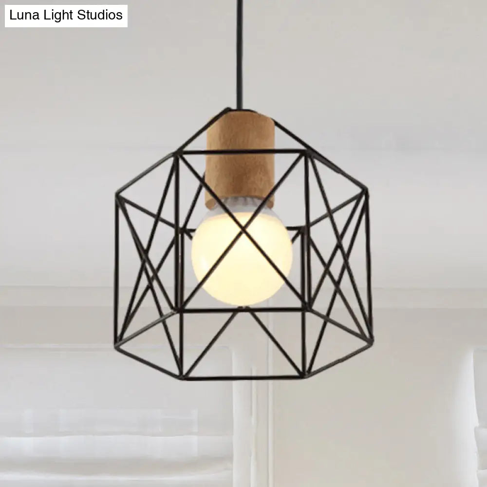 Retro Industrial Hexagon/Star Hanging Fixture - Metal & Wood Ceiling Lighting With Cage Shade Black