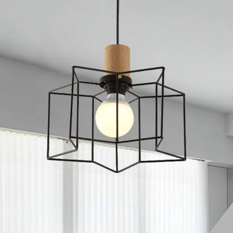 Industrial Retro Hanging Fixture - 1 Head Metal/Wood Ceiling Light With Cage Shade Black / Star