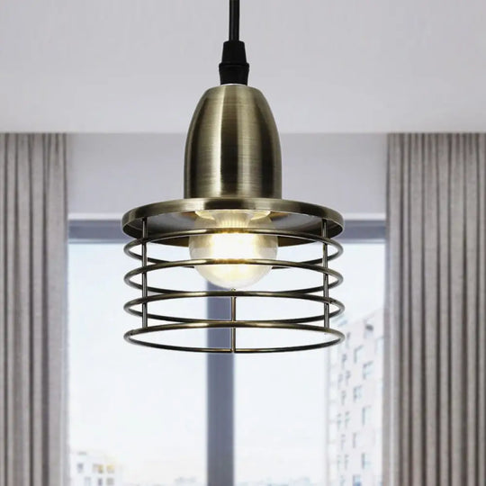 Industrial Retro Pendant Lighting: 1-Light Drum With Wire Cage Shade For Kitchen Ceiling