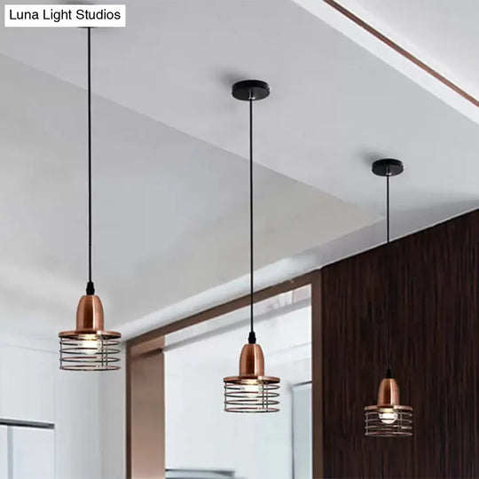 Industrial Retro Black/Bronze Metal Ceiling Pendant With Wire Cage Shade For Kitchen - 1-Light Drum