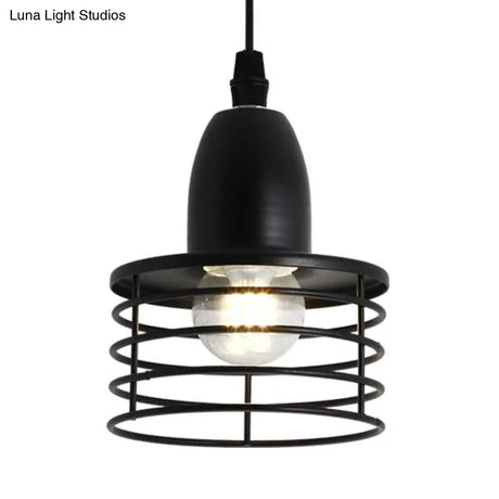 Industrial Retro Pendant Lighting: 1-Light Drum With Wire Cage Shade For Kitchen Ceiling