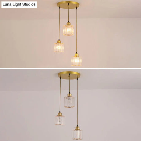 Industrial Ribbed Glass Hanging Ceiling Light With 3 Cylinder Shades - Perfect For Restaurants