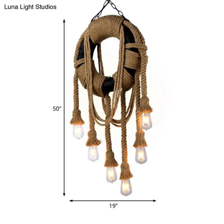 Industrial Rope Black Pendant Lamp - 6-Light Tyre Chandelier For Coffee Shop