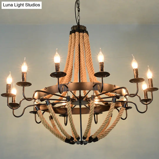 Industrial Rope Style Chandelier Pendant Lamp - Elegant Black Finish Candle Shape Adjustable 39’